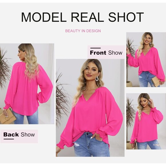 Women Hot Pink Color Smocked Long Sleeve V Neck Casual Chiffon Shirt Top - Picture 4 of 4